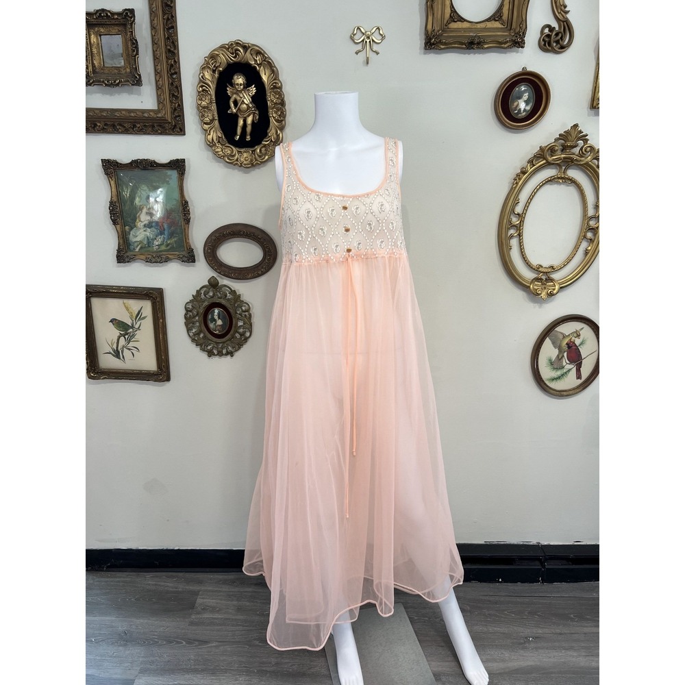 Vintage Val Mode Sheer Peach Pink Lace Babydoll Nightgown Dress Women Size 36